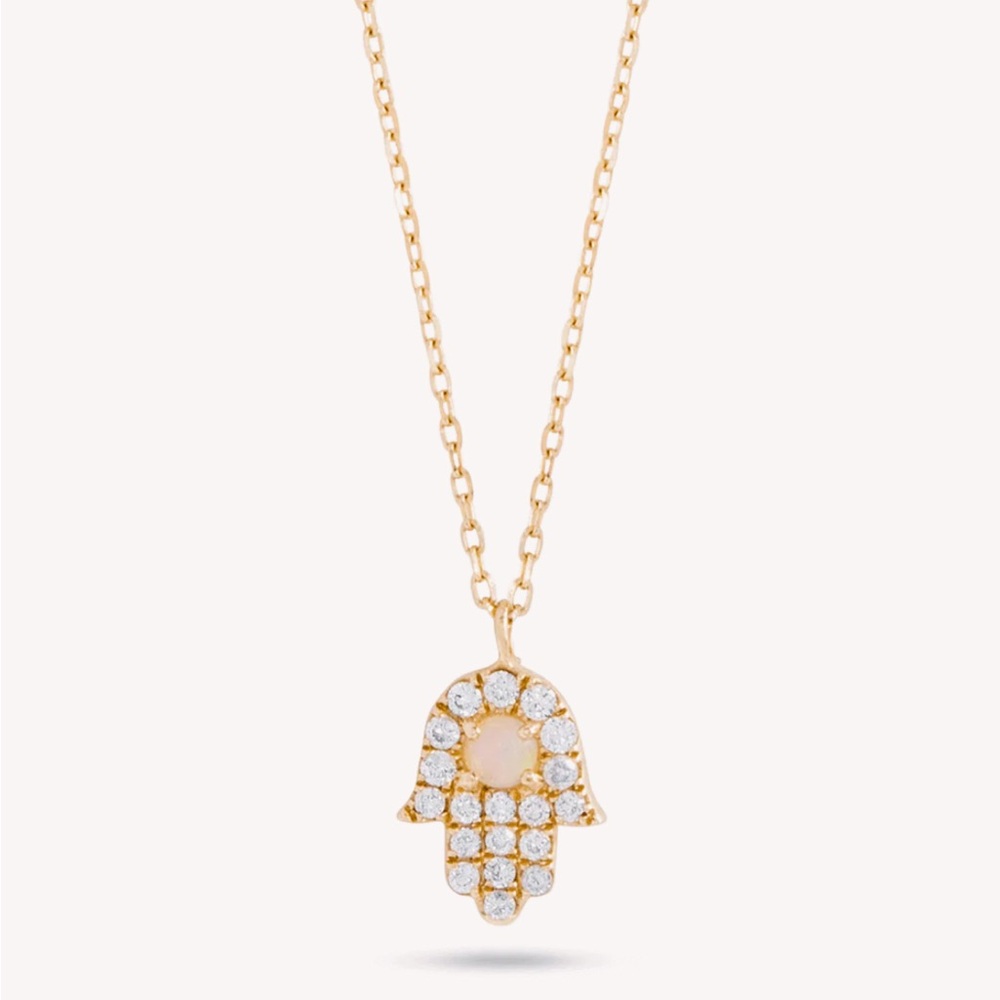 **NEW** Stone and Strand Opal and Diamond Hamsa Necklace, 14k Solid Yellow Gold